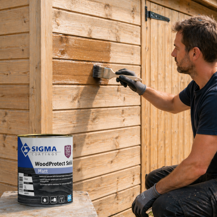 Man die tuinhuis beitst met Sigma beits