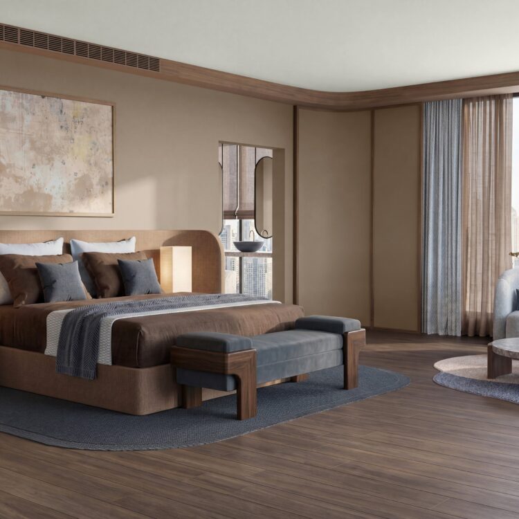 Hotelkamer met warme aardetinten en natuurlijke materialen passend bij Solid Ground
