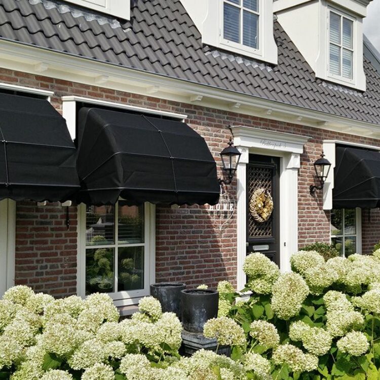 Zwarte markiezen bij eigentijdse woning met tuin