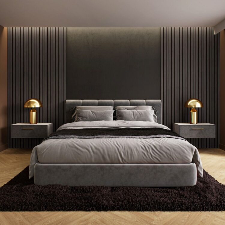 Slaapkamer met houten wandpanelen achter het bed in Hotel chique stijl met indirecte verlichting.